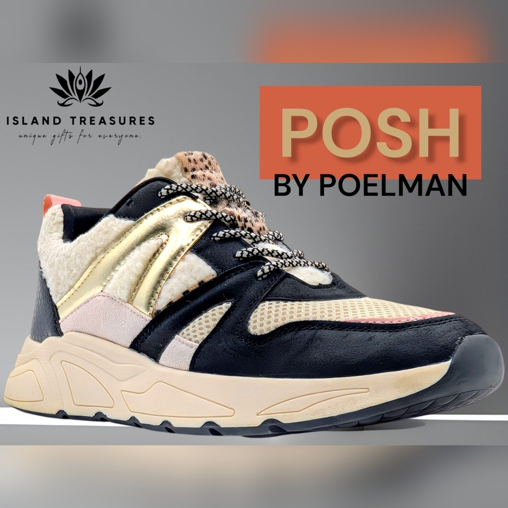 Posh by Poelman Sherpa Metallic Dad Sneakers Beige/Black/Pink Women Sz US9/EU40